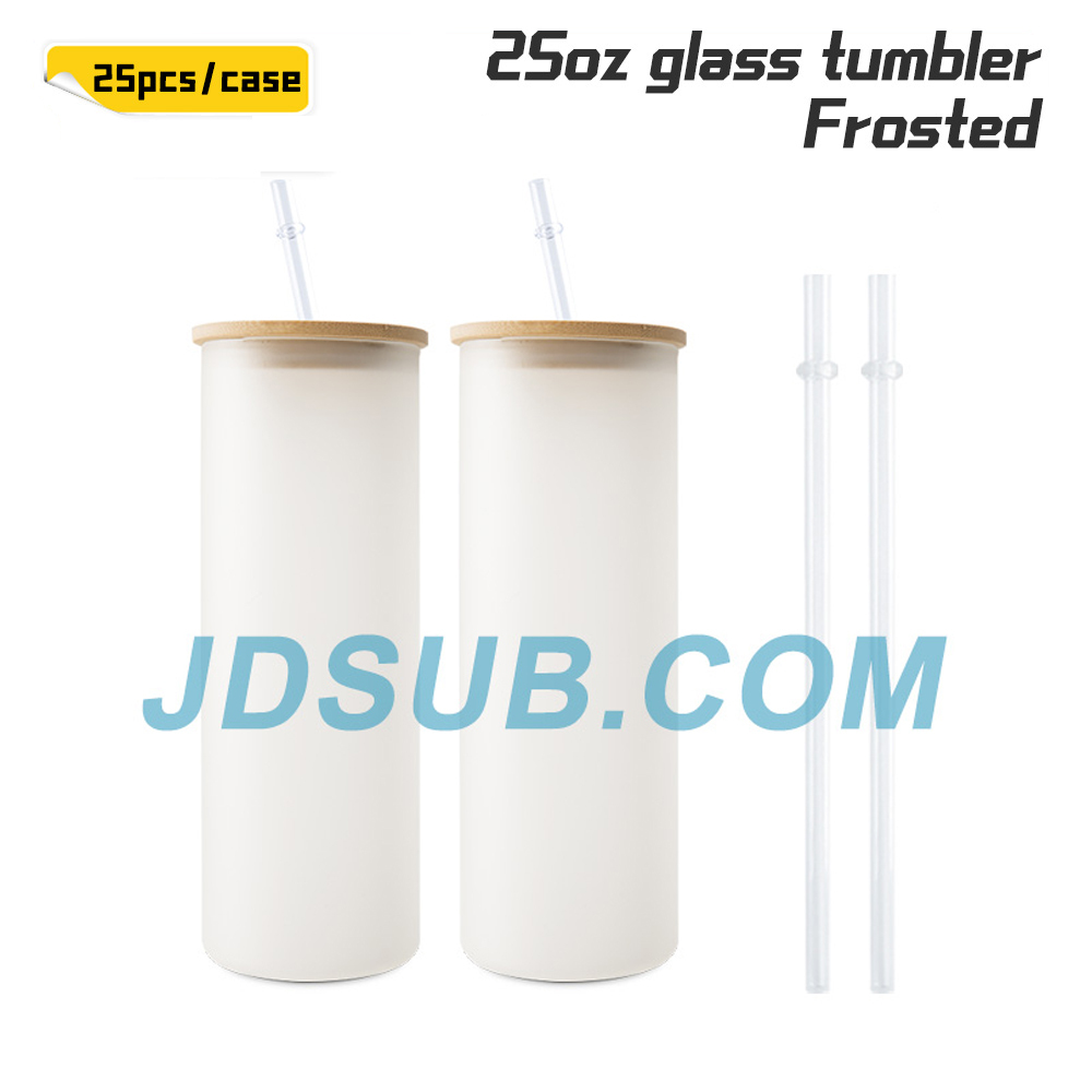 KOCDAM 25 Pack 25oz Sublimation Frosted Clear Glass Tumbler Blanks with Bamboo Lids and Plastic Straw