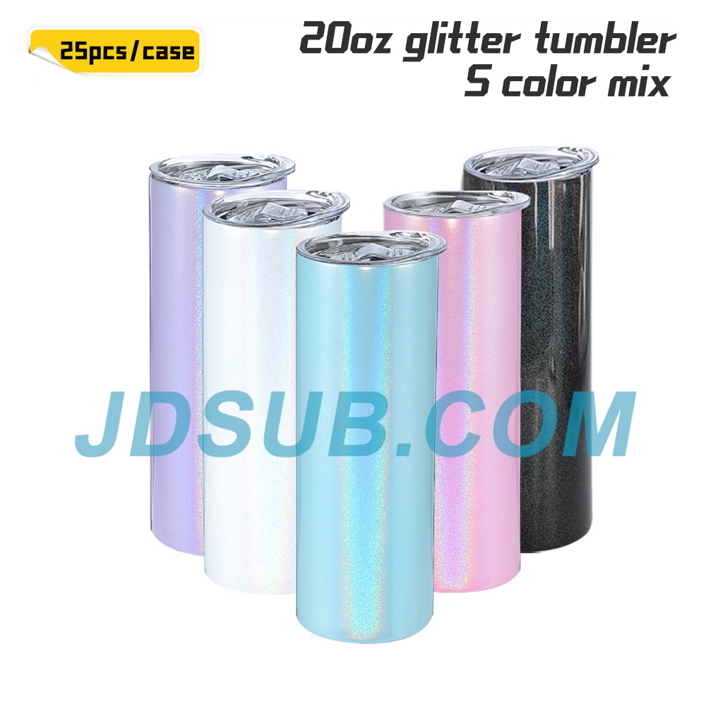 KOCDAM 25 Pack 20oz Sublimation Glitter Colourful Shimmer Straight Tumbler Blanks with Plastic Straws
