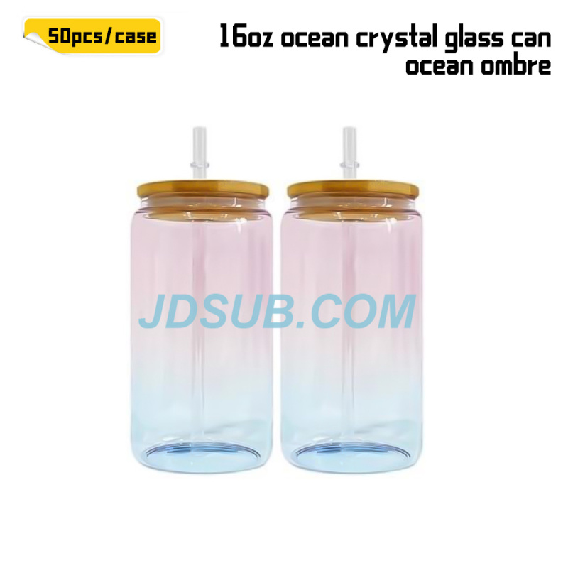 KOCDAM 50 Pack 16oz Sublimation And UV DTF Clear Ocean Crystal Glass With Bamboo Lids And Plastic Straw
