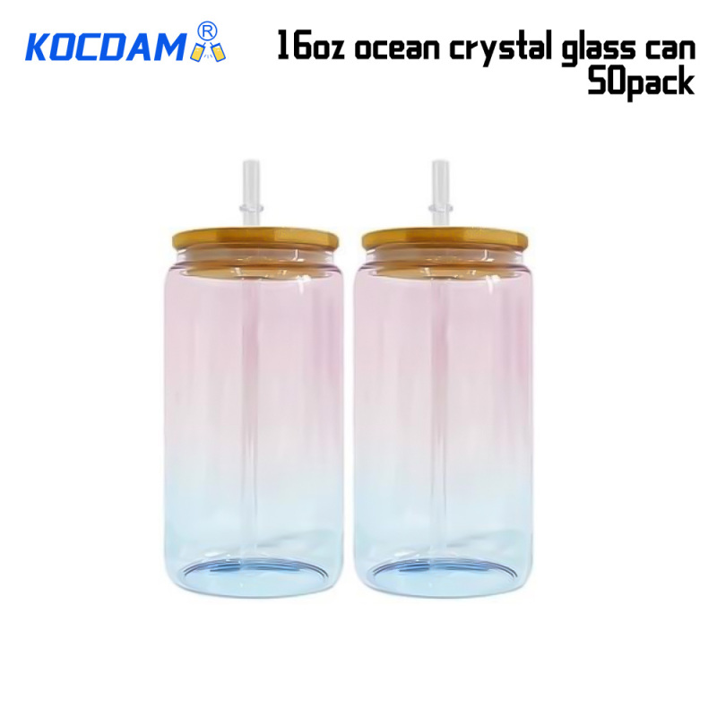 KOCDAM 50 Pack 16oz Sublimation And UV DTF Clear Ocean Crystal Glass With Bamboo Lids And Plastic Straw