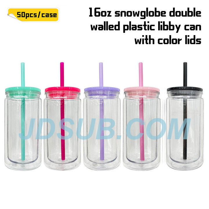 KOCDAM 25/50 Pack 16oz Snowglobe Double Walled Plastic Cups With Colors Plastic Lids And Colors Plastic Straw