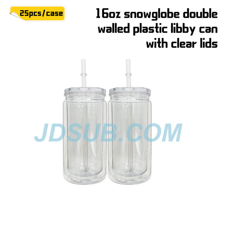 KOCDAM 25/50 Pack 16oz Snowglobe Double Walled Plastic Cups With Colors Plastic Lids And Colors Plastic Straw
