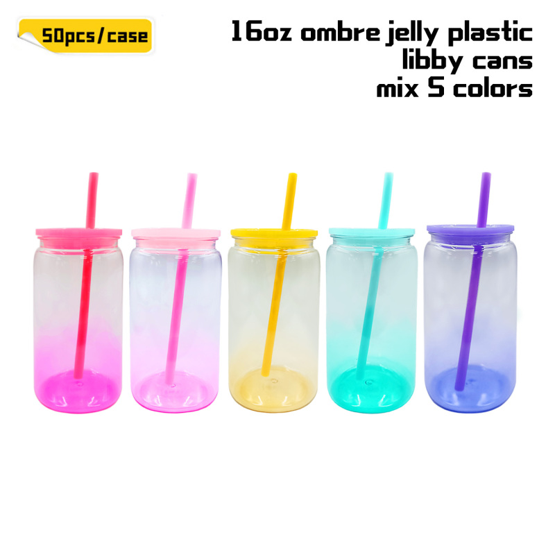 KOCDAM 50 Pack Ombre 16oz Sublimation Jelly Plastic Jar With Plastic Lids And Plastic Straw