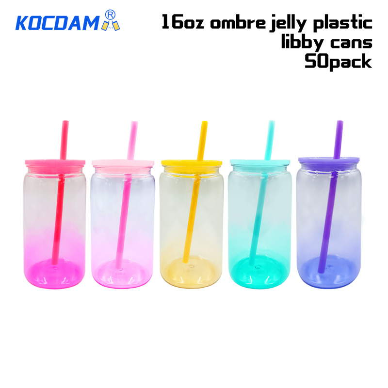KOCDAM 50 Pack Ombre 16oz Sublimation Jelly Plastic Jar With Plastic Lids And Plastic Straw