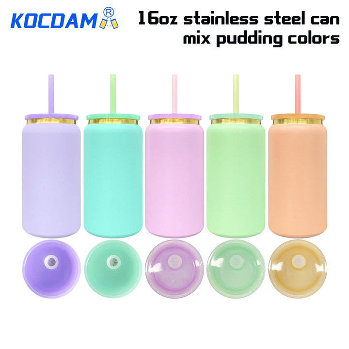 KOCDAM 25 Pack 16oz Blank powder coated Stainless Steel Can Gold Underneath With Color Plastic Lids and Color straw