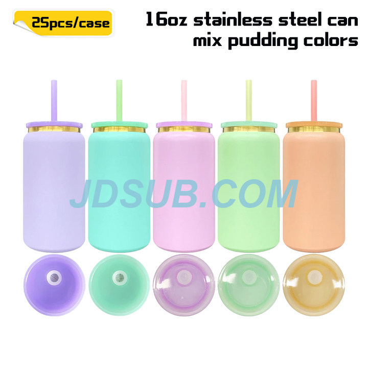 KOCDAM 25 Pack 16oz Blank powder coated Stainless Steel Can Gold Underneath With Color Plastic Lids and Color straw