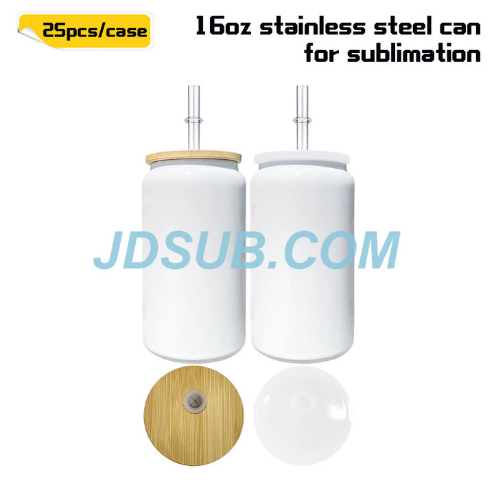 KOCDAM 50 Pack 16oz White Blank Sublimation Stainless Steel Can with 2 Lids(Bamboo Lids and Plastic Lids)