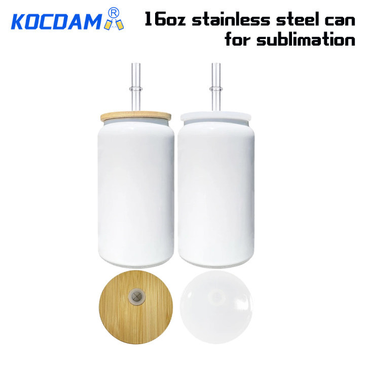 KOCDAM 50 Pack 16oz White Blank Sublimation Stainless Steel Can with 2 Lids(Bamboo Lids and Plastic Lids)