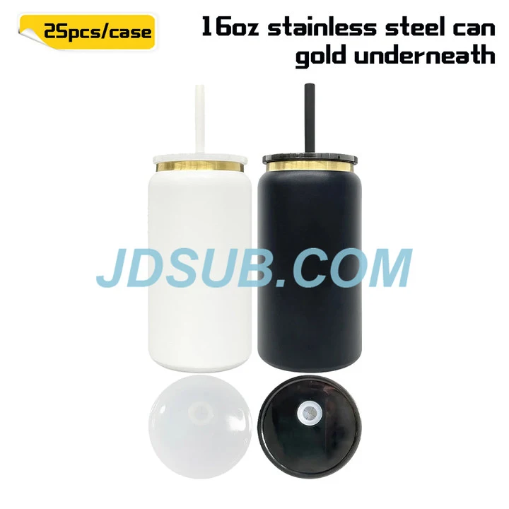 KOCDAM 25 Pack 16oz White and Black Blank Powder Coated Vacuum Stainless Steel Can Gold Underneath With Color Plastic Lids and Color straw