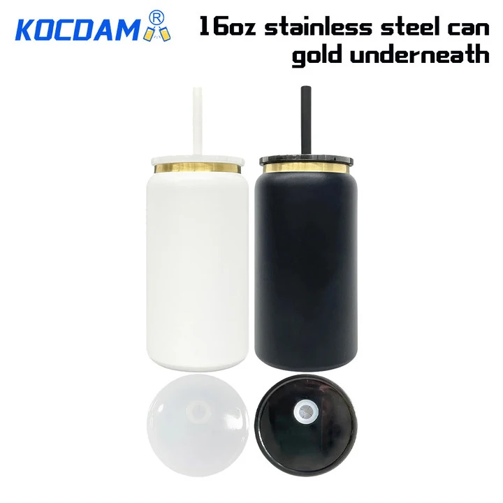 KOCDAM 25 Pack 16oz White and Black Blank Powder Coated Vacuum Stainless Steel Can Gold Underneath With Color Plastic Lids and Color straw