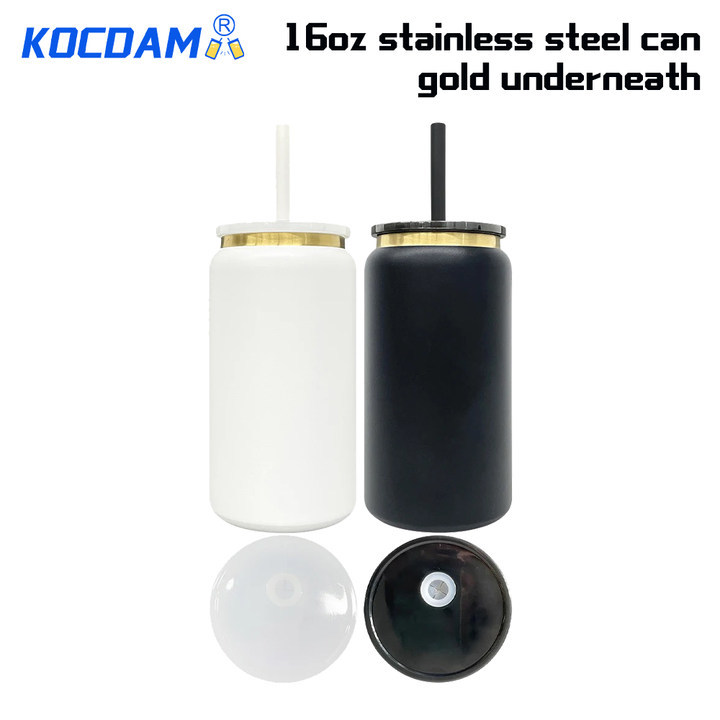 KOCDAM 25 Pack 16oz White and Black Blank Powder Coated Vacuum Stainless Steel Can Gold Underneath With Color Plastic Lids and Color straw