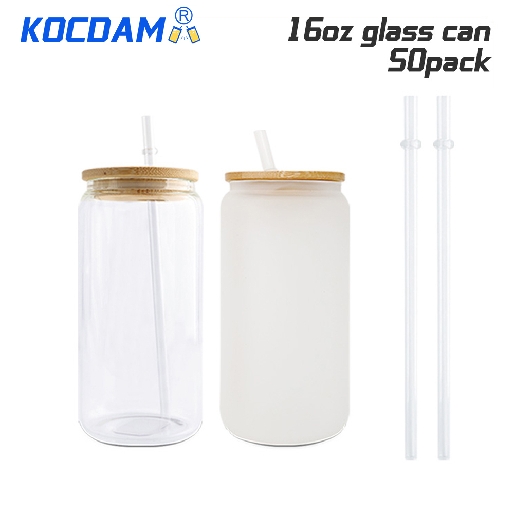 50 Pack 16oz Sublimation Frosted Clear Glass Can Jar with Bamboo Lids and Plastic Straw