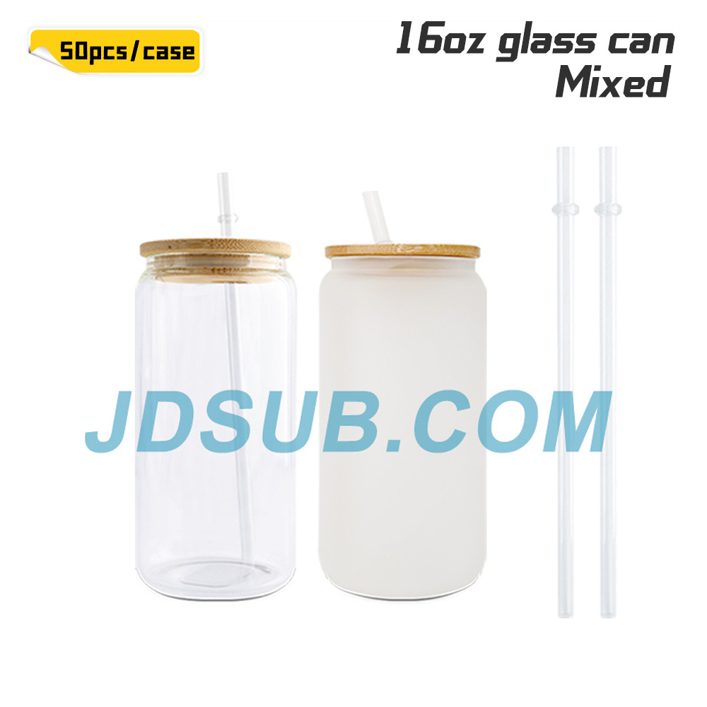 KOCDAM 50 Pack 16oz Sublimation Frosted Clear Libby Glass Can Jar with Bamboo Lids and Plastic Straw