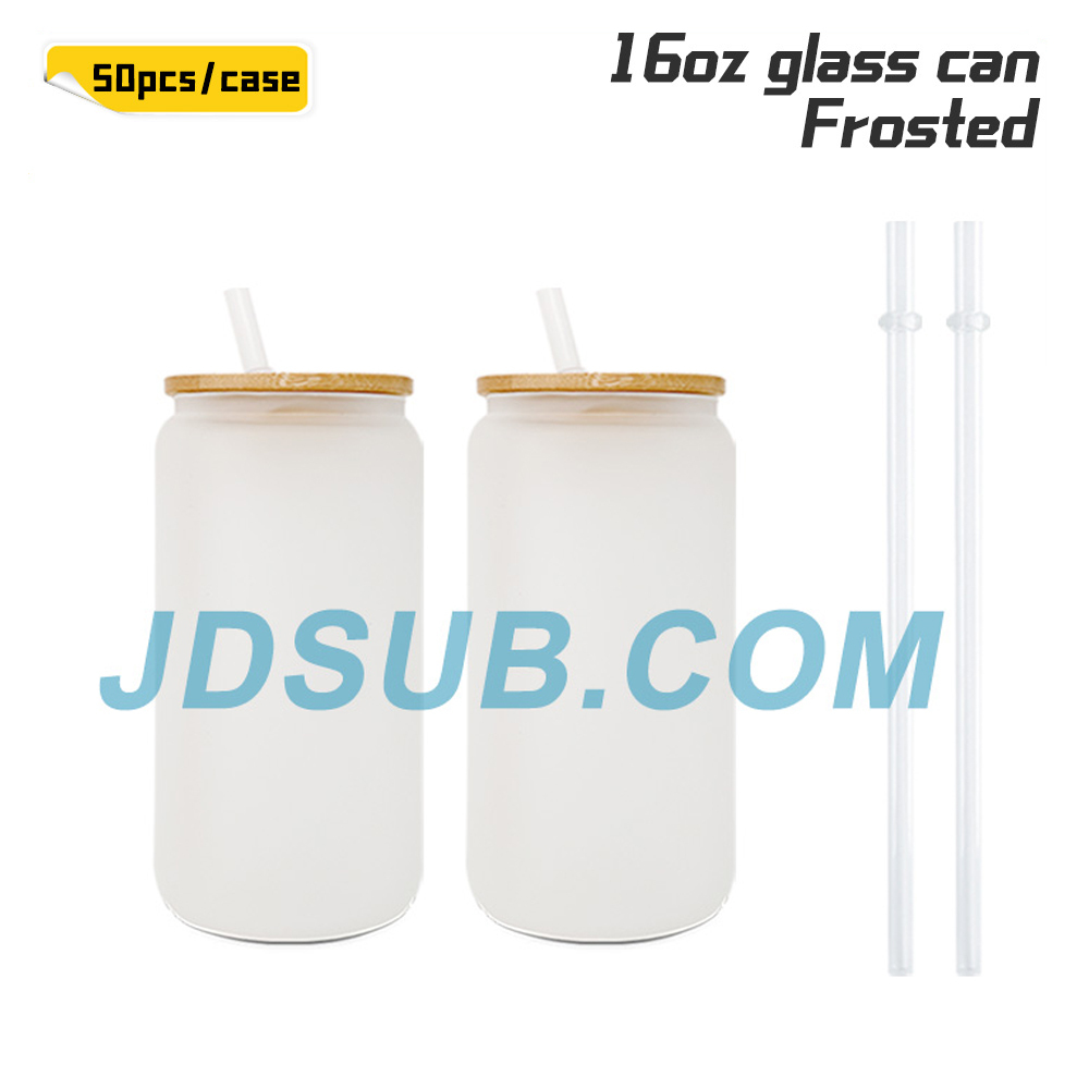 KOCDAM 50 Pack 16oz Sublimation Frosted Clear Libby Glass Can Jar with Bamboo Lids and Plastic Straw