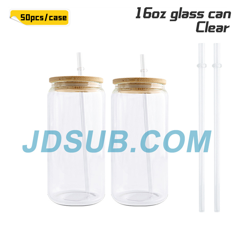 KOCDAM 50 Pack 16oz Sublimation Frosted Clear Libby Glass Can Jar with Bamboo Lids and Plastic Straw