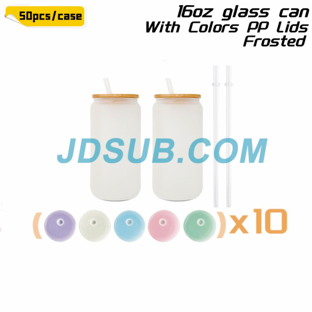 KOCDAM 25/50 Pack 16oz Sublimation Frosted Clear Glass Can Jar with Plastic Mixed 5 colors lids and Bamboo Lids and Plastic Straw