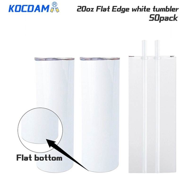 KOCDAM 50 Pack New Style 20oz Flat Edge White Sublimation Tumbler with Straw