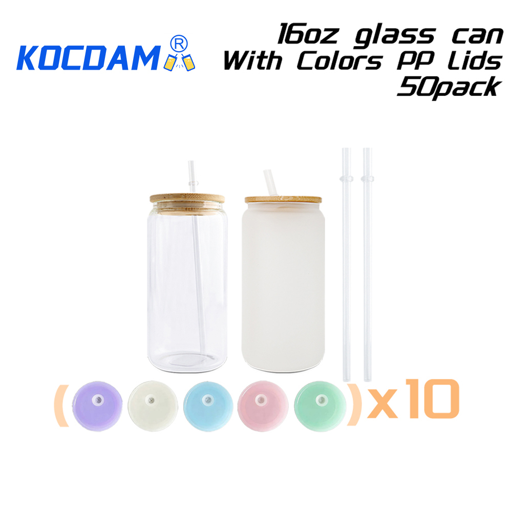 KOCDAM 25/50 Pack 16oz Sublimation Frosted Clear Glass Can Jar with Plastic Mixed 5 colors lids and Bamboo Lids and Plastic Straw