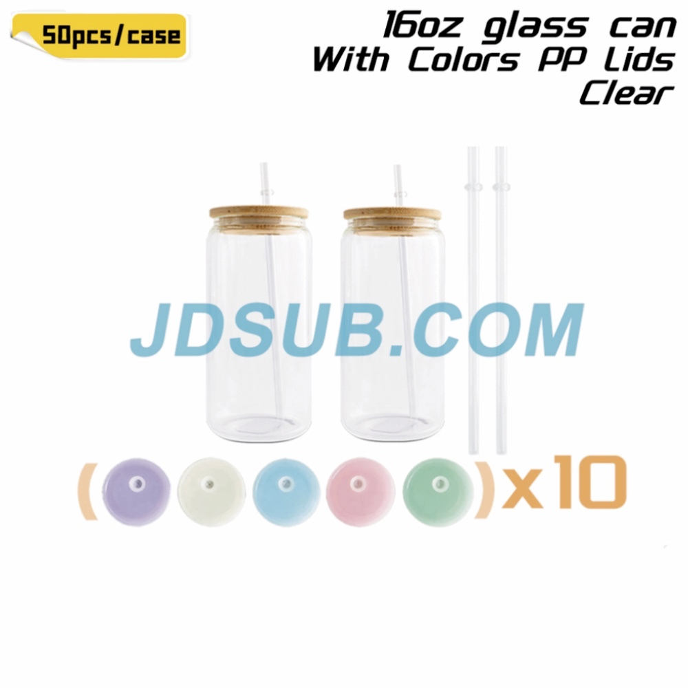 KOCDAM 25/50 Pack 16oz Sublimation Frosted Clear Glass Can Jar with Plastic Mixed 5 colors lids and Bamboo Lids and Plastic Straw