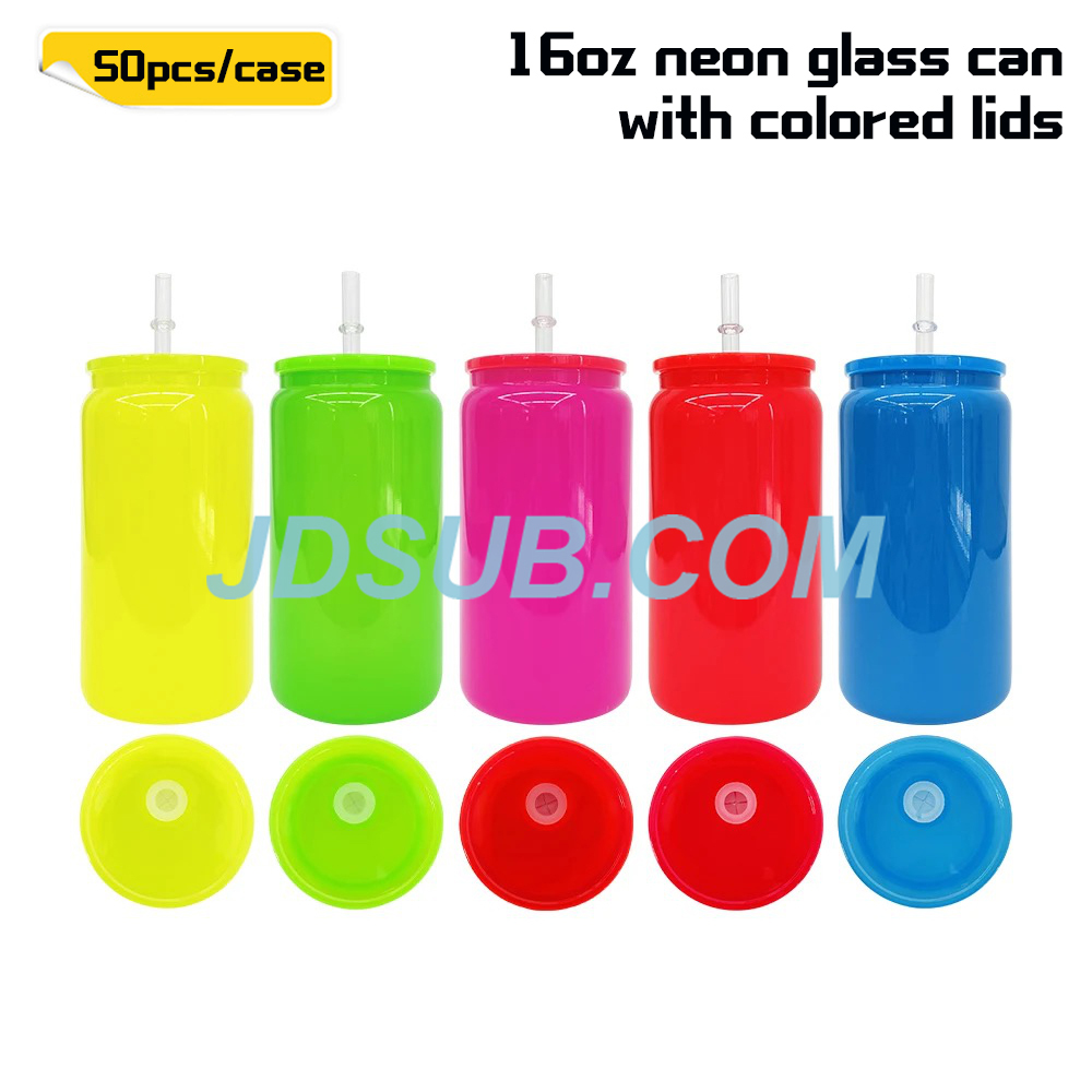 KOCDAM 25/50 Pack 16oz Sublimation Neon Glass Jar with plastic Lids and Plastic Straw
