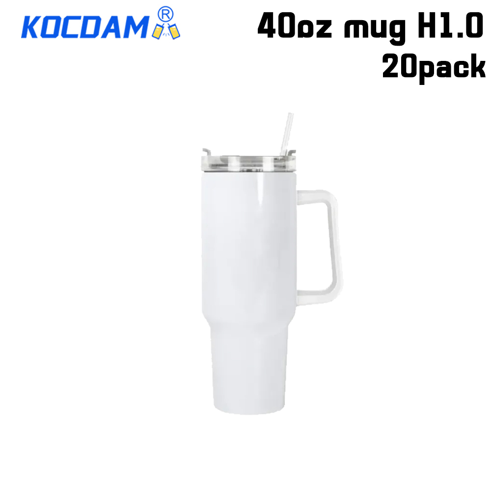 KOCDAM 20 Pack 40oz Sublimation Mug H1.0 White Color Handle with Straw