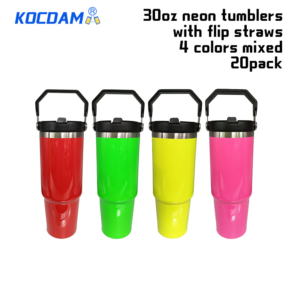 KOCDAM 20Pack 30oz Neon Flip Straw Sublimation Tumblers