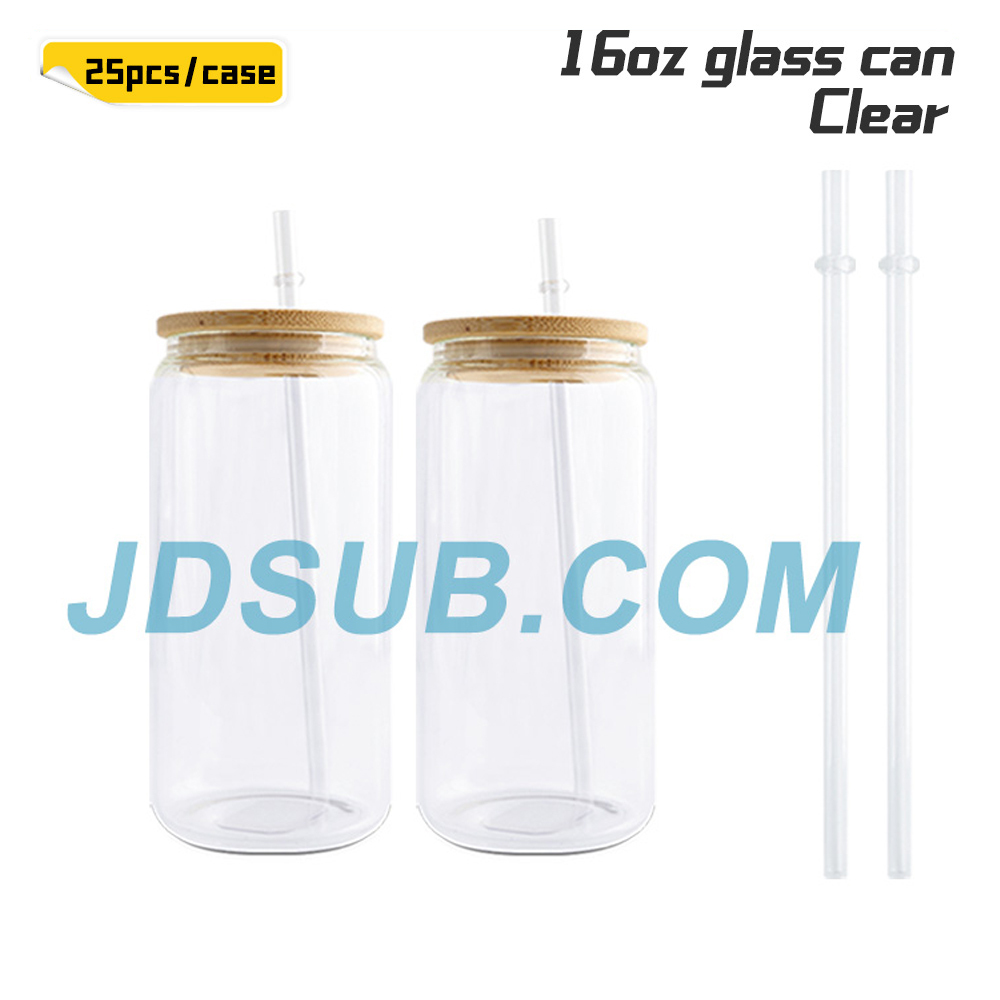 KOCDAM 25/50 Pack 16oz Sublimation Frosted Clear Libby Glass Jar Cans with Bamboo Lids and Plastic Straw