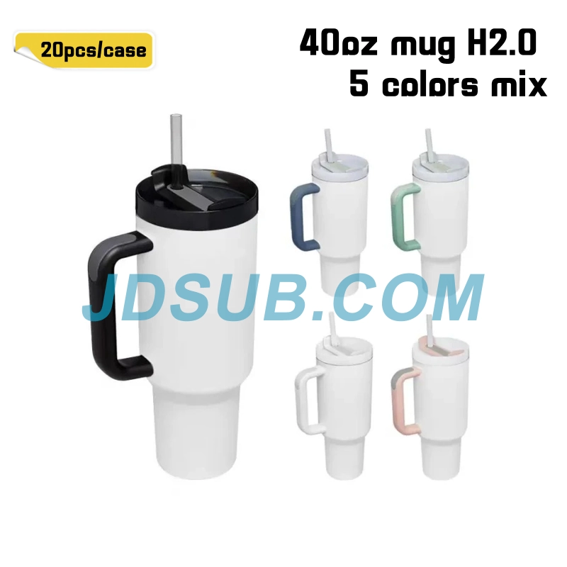 KOCDAM 20 Pack 40oz Sublimation Mug H2.0 Mix Colored Handle with Straw