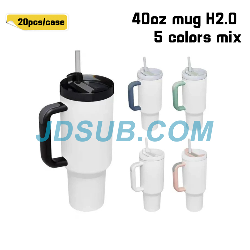 KOCDAM 20 Pack 40oz Sublimation Mug H2.0 Mix Colored Handle with Straw