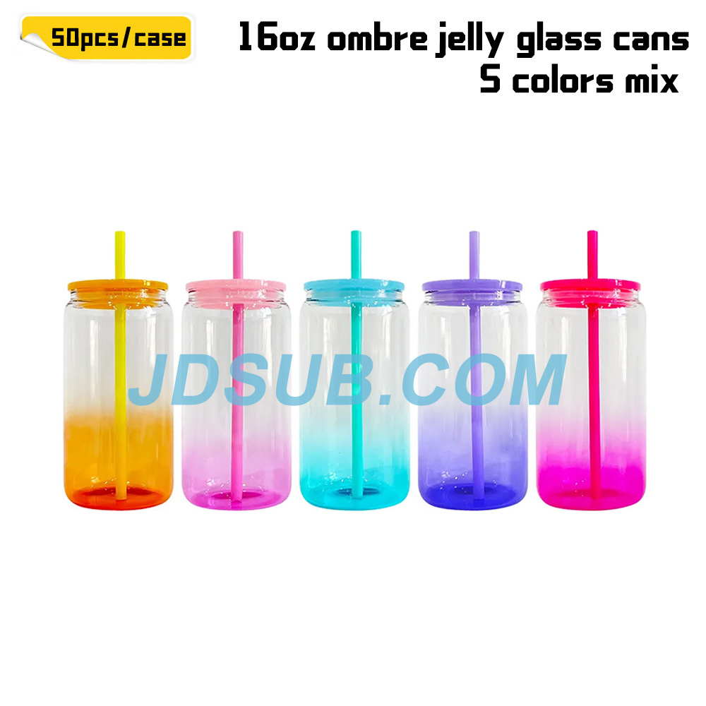 KOCDAM 50 Pack Gradient 16oz Sublimation Jelly Glass Jar With Plastic Lids And Plastic Straw