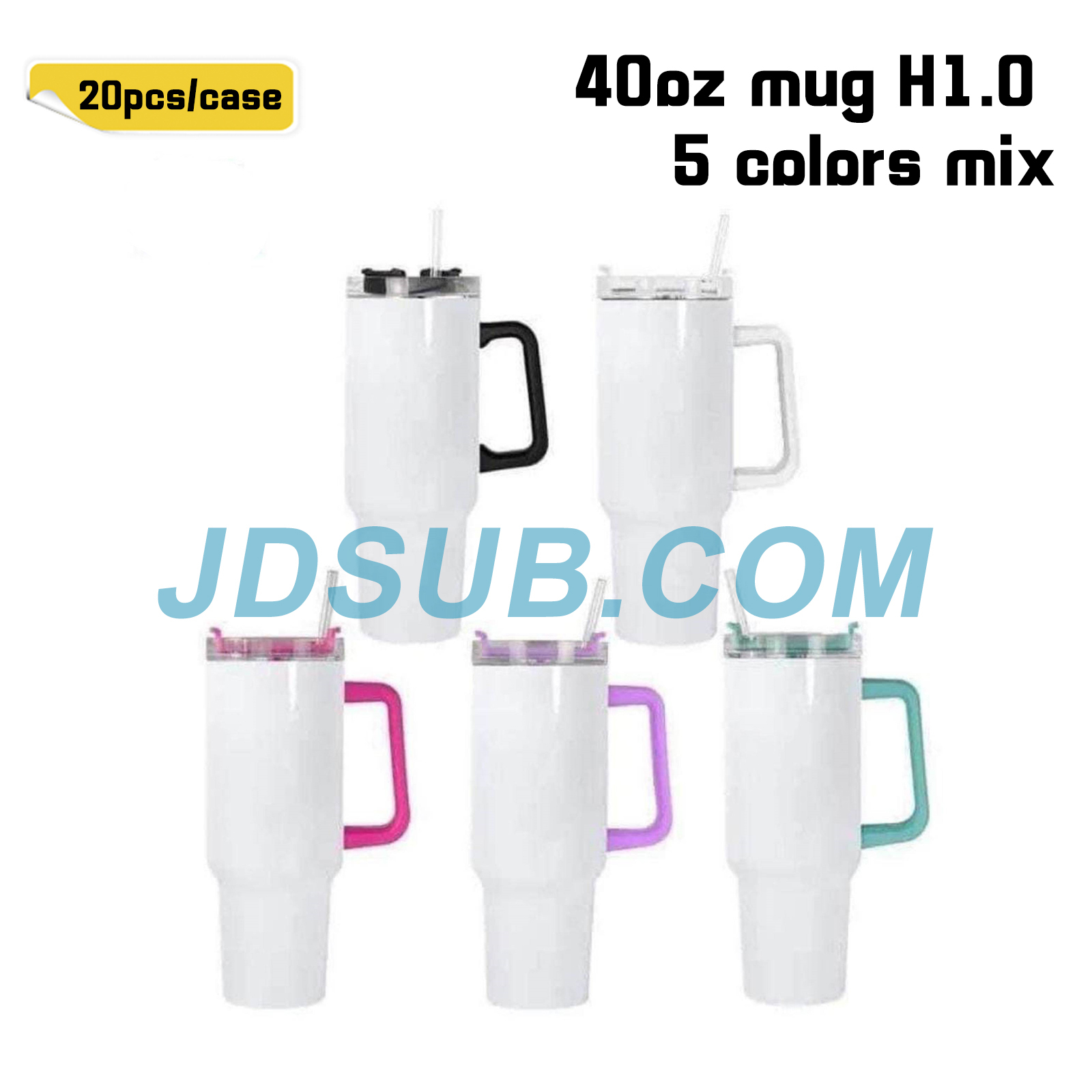 KOCDAM 20 Pack 40oz Sublimation Mug H1.0 Mix Colored Handle with Straw