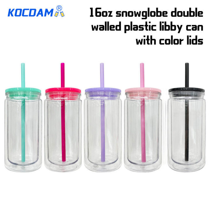 KOCDAM 25/50 Pack 16oz Snowglobe Double Walled Plastic Cups With Colors Plastic Lids And Colors Plastic Straw