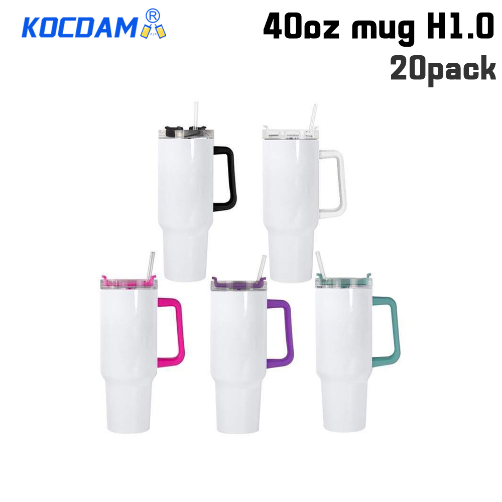 KOCDAM 20 Pack 40oz Sublimation Mug H1.0 Mix Colored Handle with Straw