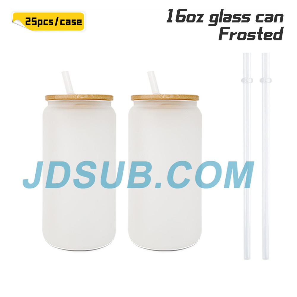 KOCDAM 25/50 Pack 16oz Sublimation Frosted Clear Libby Glass Jar Cans with Bamboo Lids and Plastic Straw