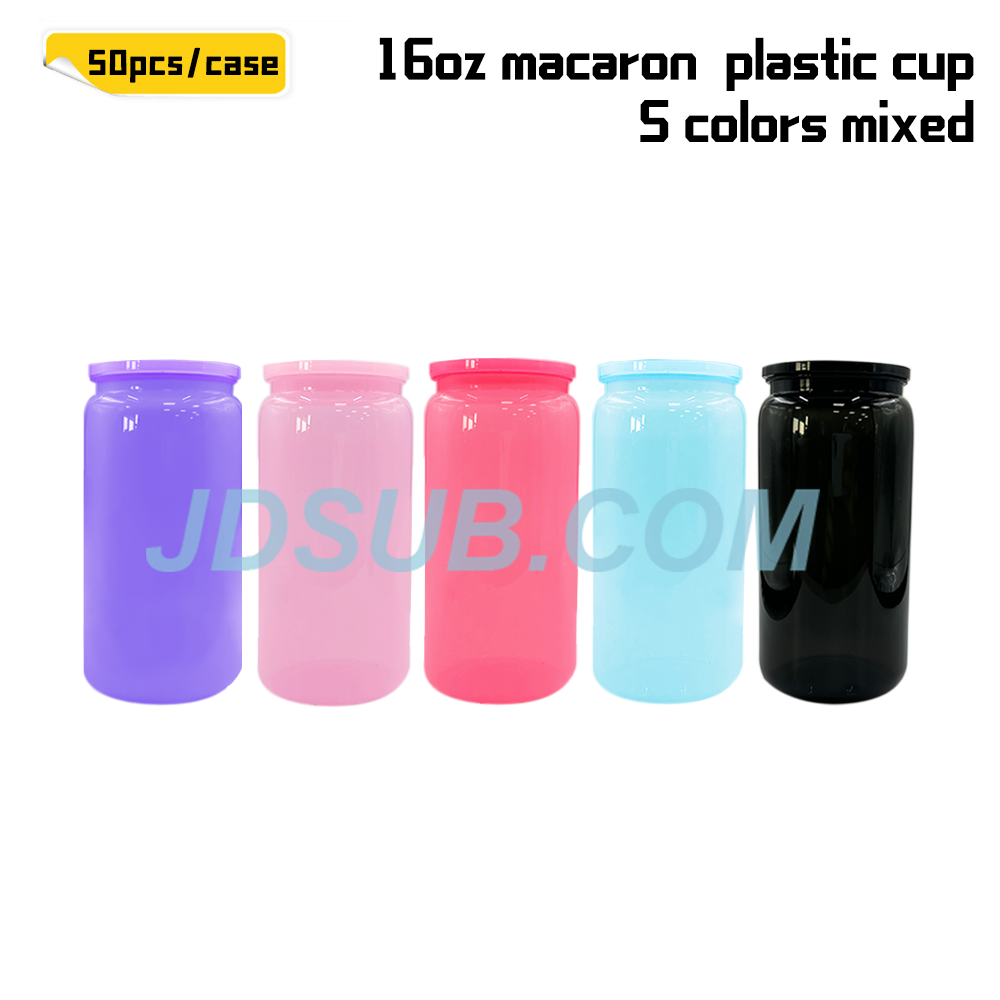 KOCDAM 50 Pack Macaron 16oz Plastic Cups With Colors Plastic Lids And Colors Plastic Straw