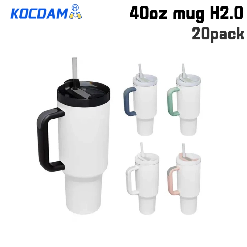 KOCDAM 20 Pack 40oz Sublimation Mug H2.0 Mix Colored Handle with Straw