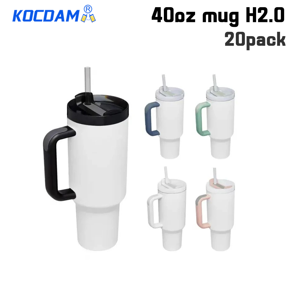 KOCDAM 20 Pack 40oz Sublimation Mug H2.0 Mix Colored Handle with Straw