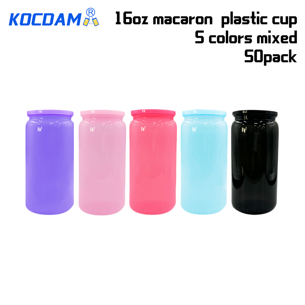 KOCDAM 50 Pack Macaron 16oz Plastic Cups With Colors Plastic Lids And Colors Plastic Straw