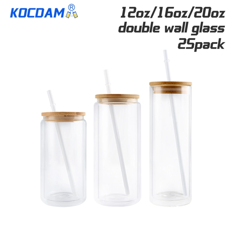 KOCDAM 25Pack 12oz 16oz 20oz Double Wall Sublimation Glass Can Snow Globe Beer Glass Can