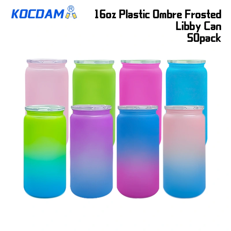 KOCDAM 50PACK 16oz Ombre or Color Frosted Plastic Libby can with Clear Plastic lids And Clear Plastic Straw