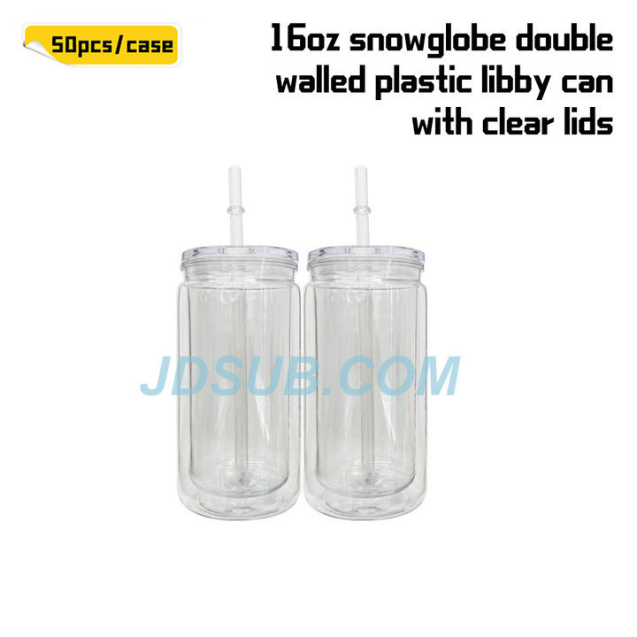 KOCDAM 25/50 Pack 16oz Snowglobe Double Walled Plastic Cups With Colors Plastic Lids And Colors Plastic Straw