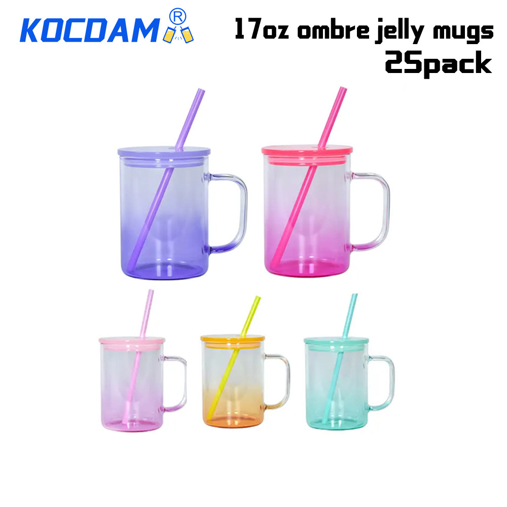 KOCDAM 25Pack Graident 17oz Sublimation Jelly Mugs With Plastic Lids And Plastic Straw