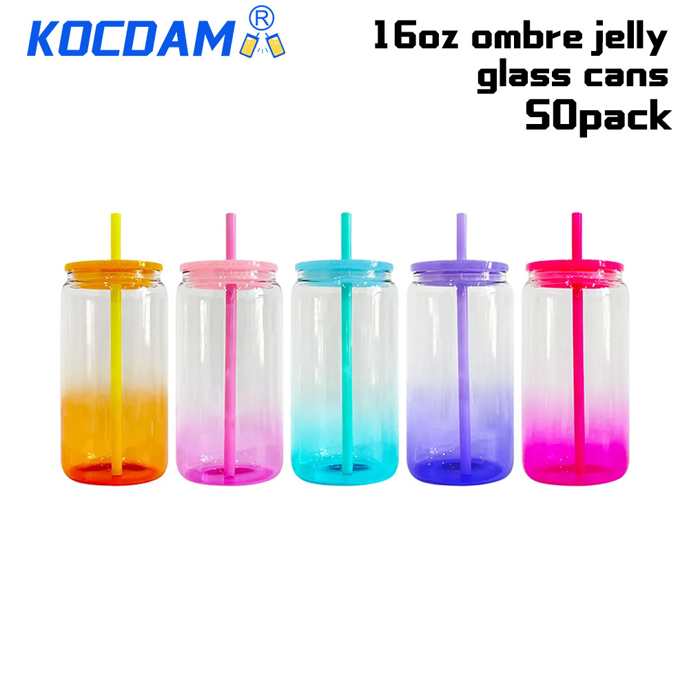 KOCDAM 50 Pack Gradient 16oz Sublimation Jelly Glass Jar With Plastic Lids And Plastic Straw