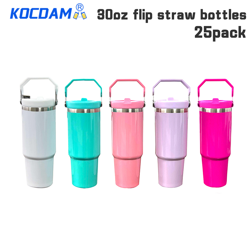KOCDAM 25Pack 30oz Flip Sublimation Glossy Macaron Straw Bottles
