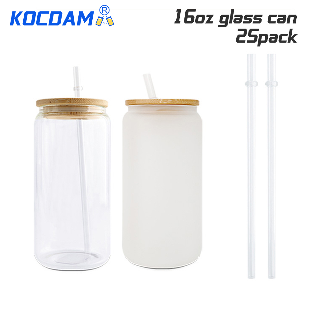 25Pack 16oz Sublimation Frosted Clear Glass Jar with Bamboo Lids and Plastic Straw