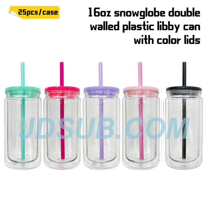 KOCDAM 25/50 Pack 16oz Snowglobe Double Walled Plastic Cups With Colors Plastic Lids And Colors Plastic Straw