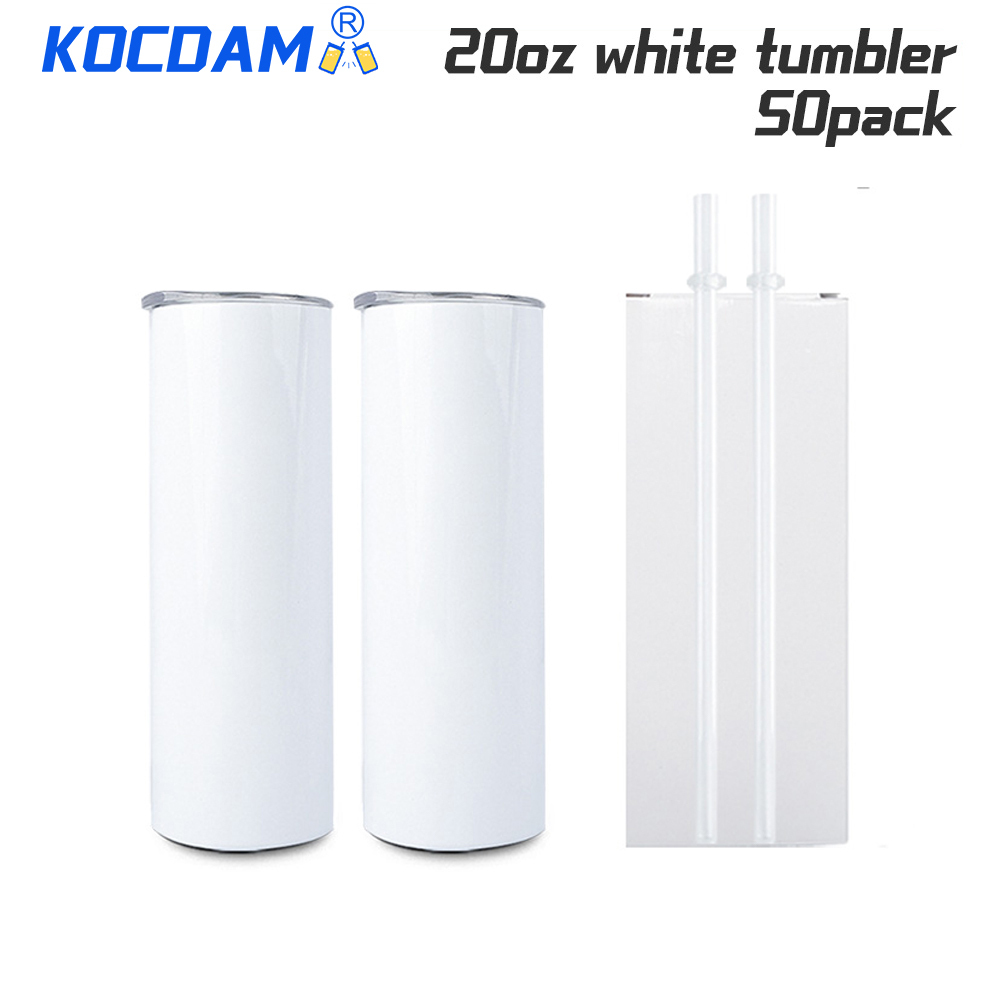 50 Pack 20oz White Sublimation Straight Skinny Tumbler Blanks with Plastic Strwas