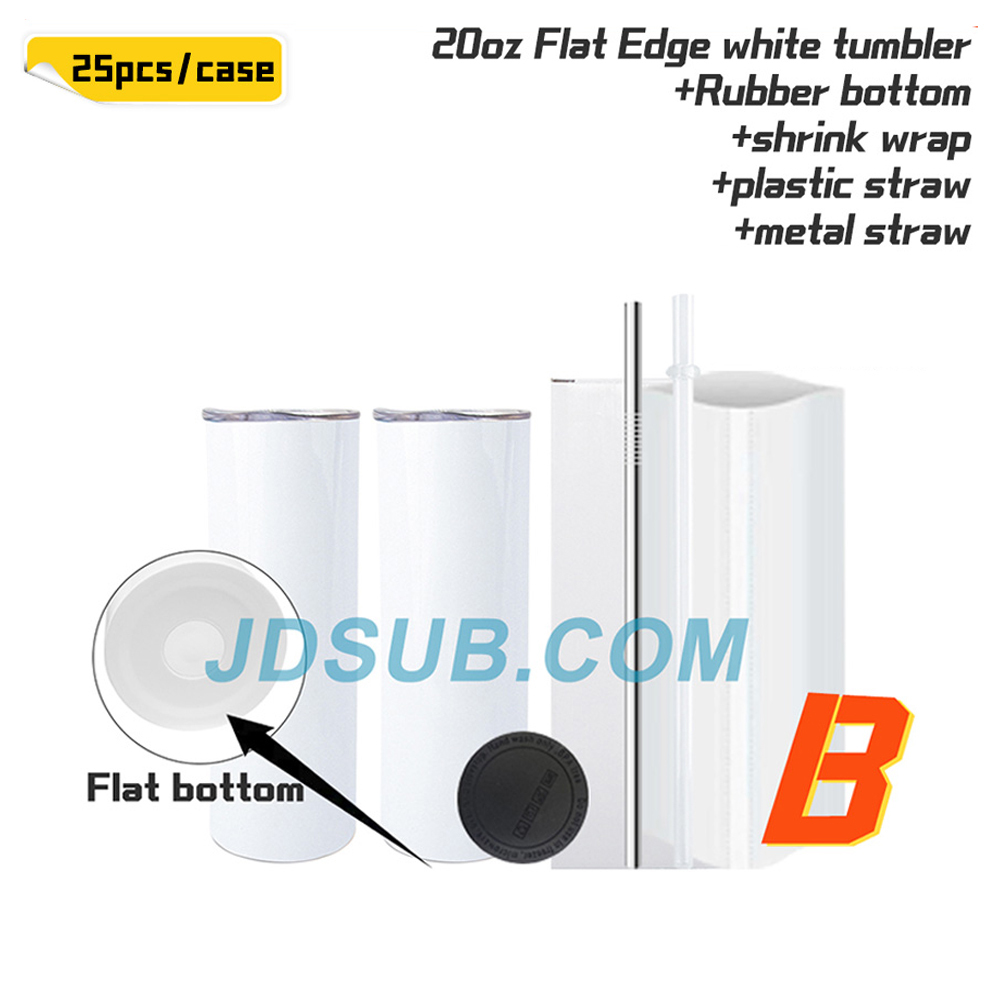 KOCDAM 25 Pack New Style 20oz Flat Edge White Sublimation Tumbler with Straw