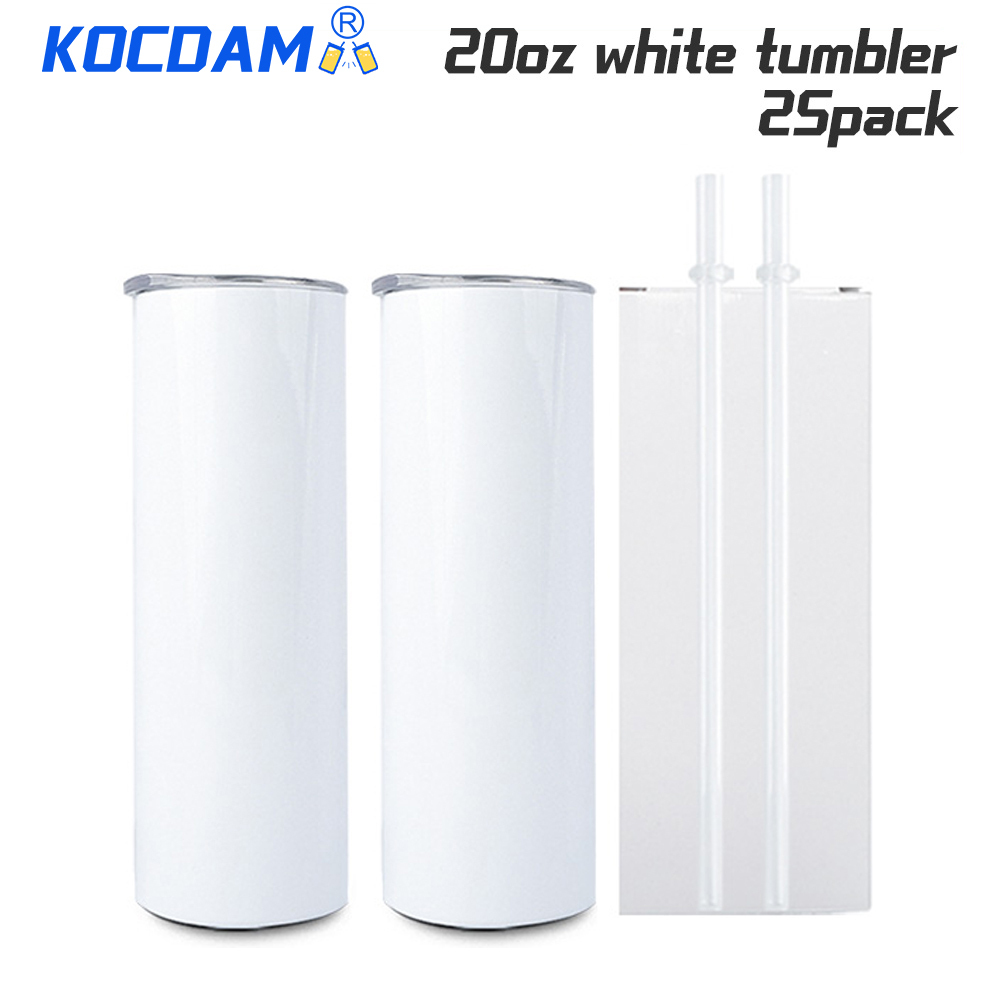 KOCDAM 25 Pack 20oz White Sublimation Straight Skinny Tumbler Blanks with Plastic Straws