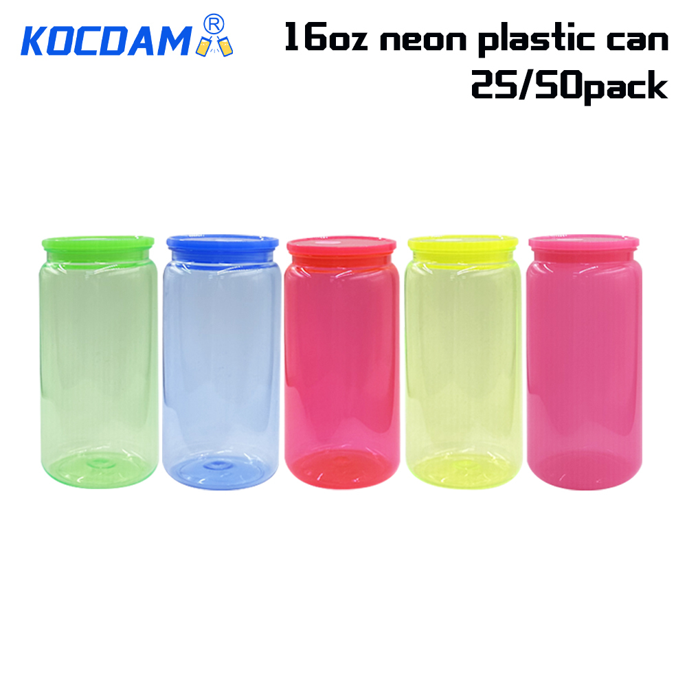 KOCDAM 25/50 Pack 16oz Neon Plastic Cups With Plastic Lids And Plastic Straw